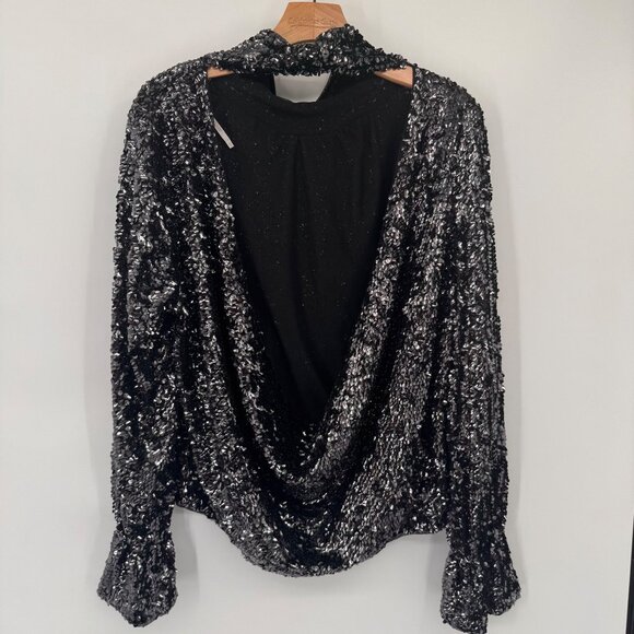 Free People moonstruck Sequin Long Sleeve Blouse  Open Back bell sleeve size XL - Picture 8 of 10
